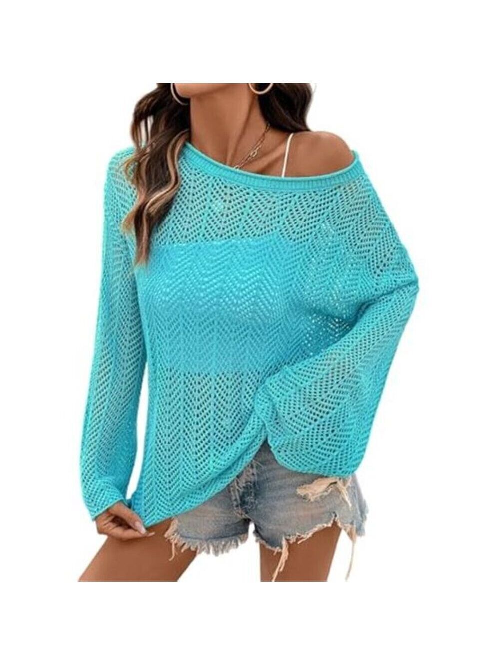 Light Blue Crochet Beach Cover Up Bell Sleeve Mesh Sweater